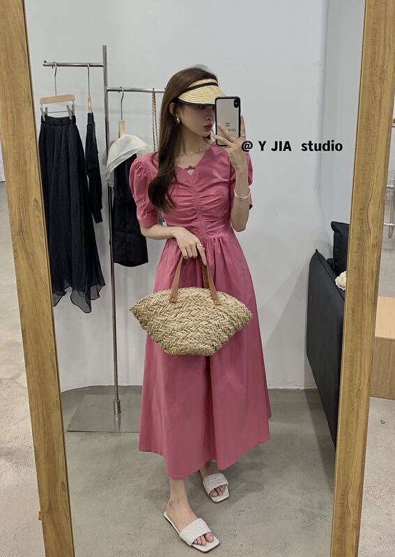 In early summer! [y.jia EJA] simple V-neck Pleated Dress ys3-3307\pcz