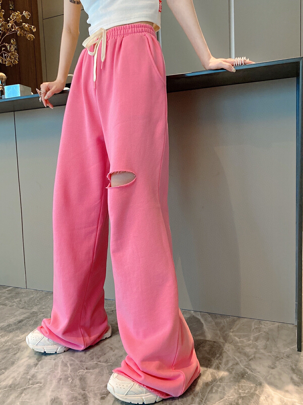 [YT] niche design pink hole breaking wide leg casual pants k59100\pcz