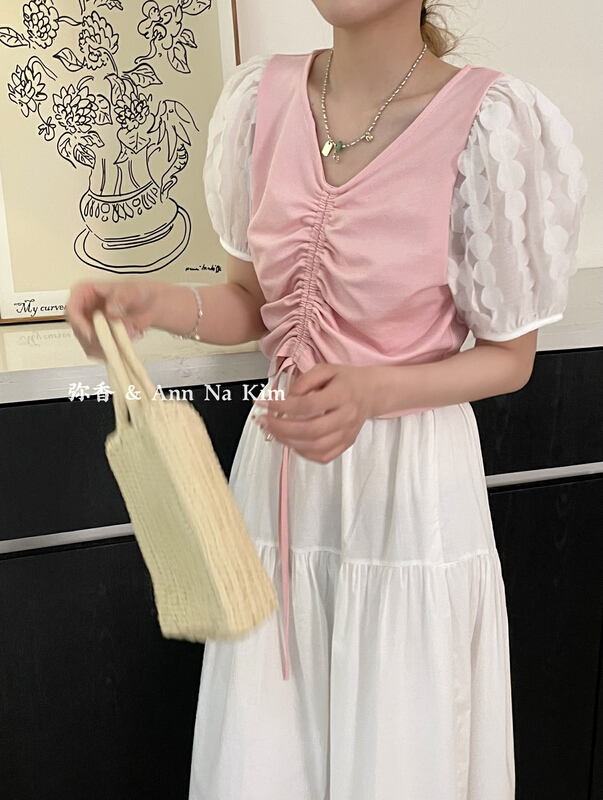 [Mi Xiang] French patchwork sleeve foreign style shirt 5397\hjy