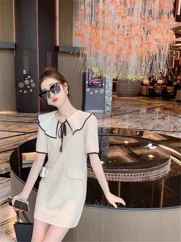 [Xiangli] baby collar contrast lace up dress 8522\pcz
