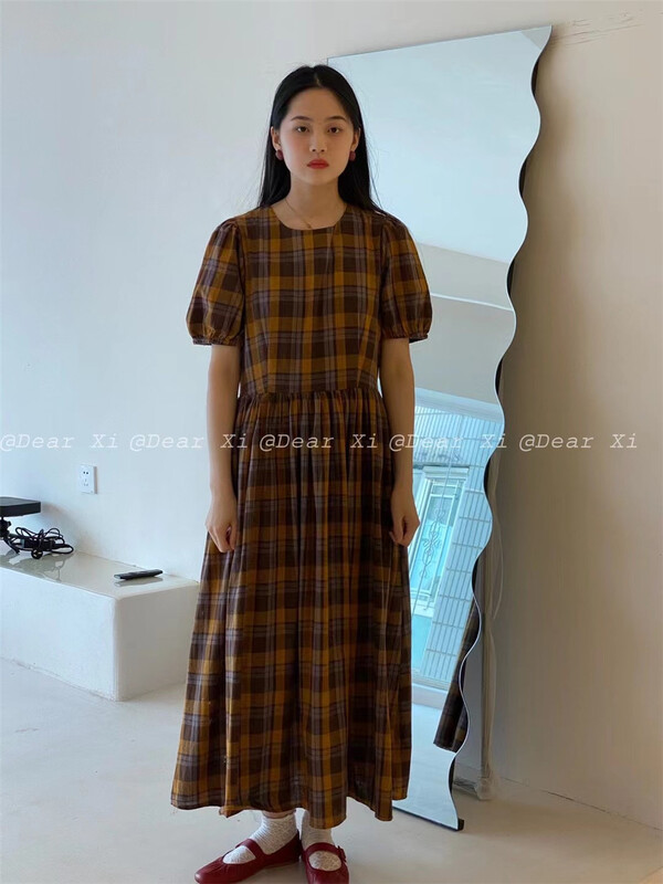[far.xi] Korean Japanese Plaid bubble sleeve dress 6665\lsw