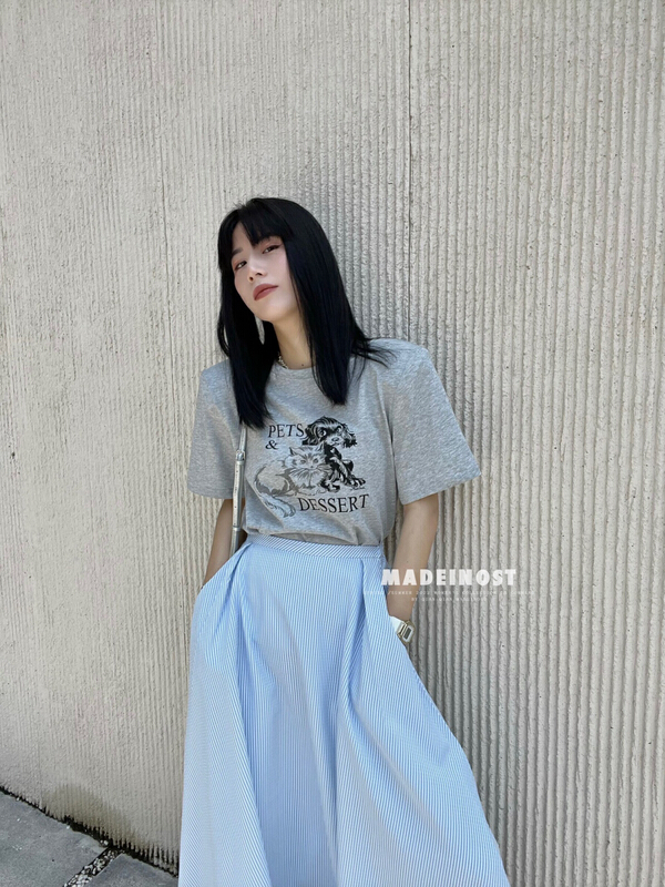 [OSHA madeinost] casual shoulder pad pet t short sleeve T-shirt 86389