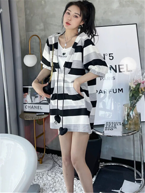 [JH] net red stripe Hooded Dress (dress only) 41982\pcz
