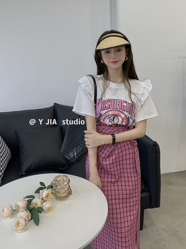 In early summer! [y.jia EJA] cartoon print mosaic short sleeve t-sleeve + high waist slit skirt set ys1-5599\pcz