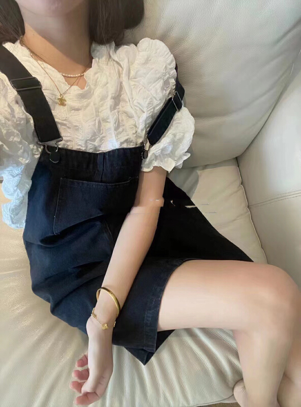 [mi ni] bubble sleeve blouse + denim strap skirt set 1289\pcz