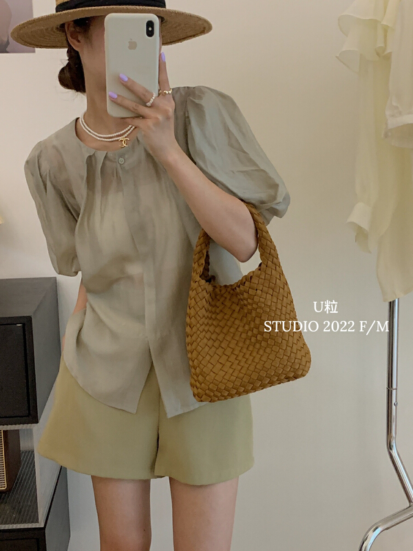 【 U grain 】 dongdamen bubble sleeve Round Neck Shirt 5785 \hbx