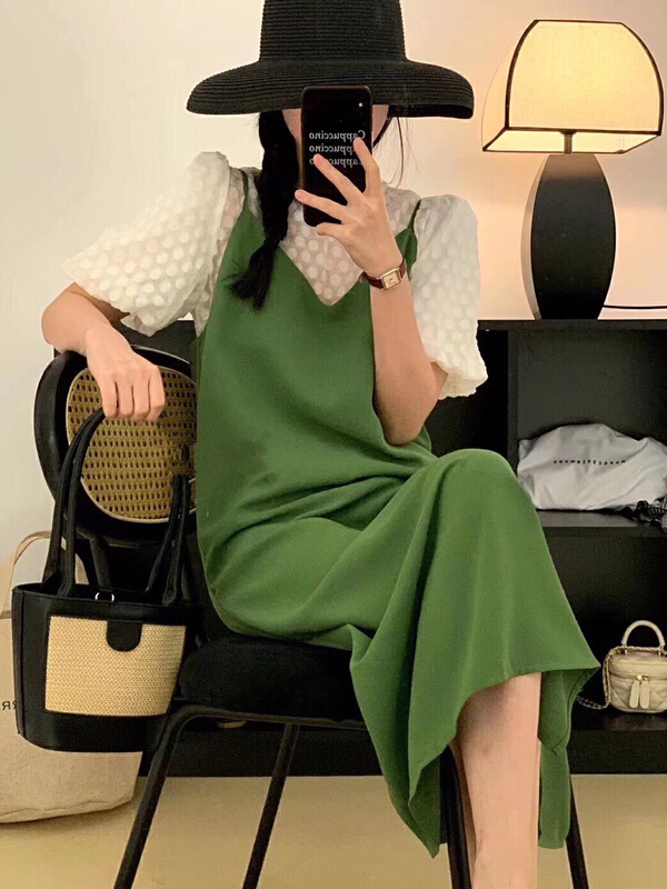 [Xiangli] French Style Bubble Sleeve Blouse + suspender dress suit 8523\pcz