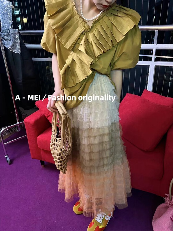 [A Mei A Mei] retro color blocking screen design skirt 22841\hbx