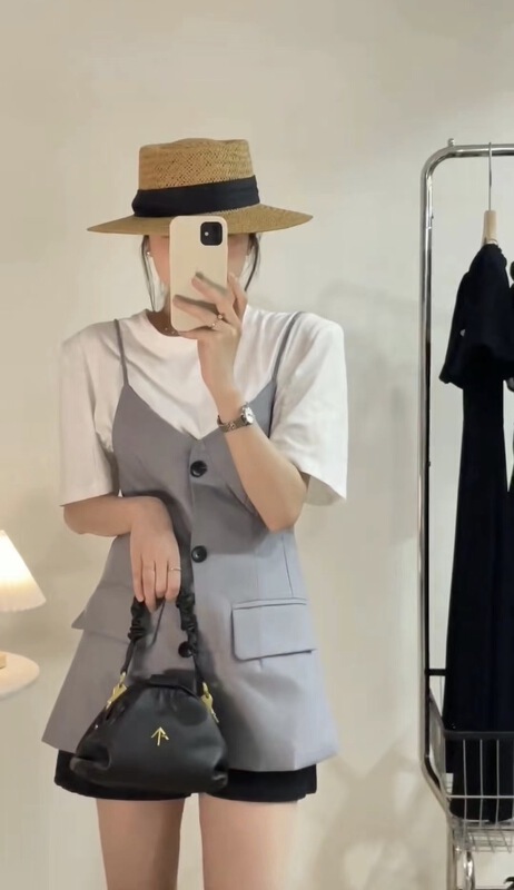 [OIT] Korean simple round neck short sleeve T-shirt + temperament suspender dress set 9190\hbx