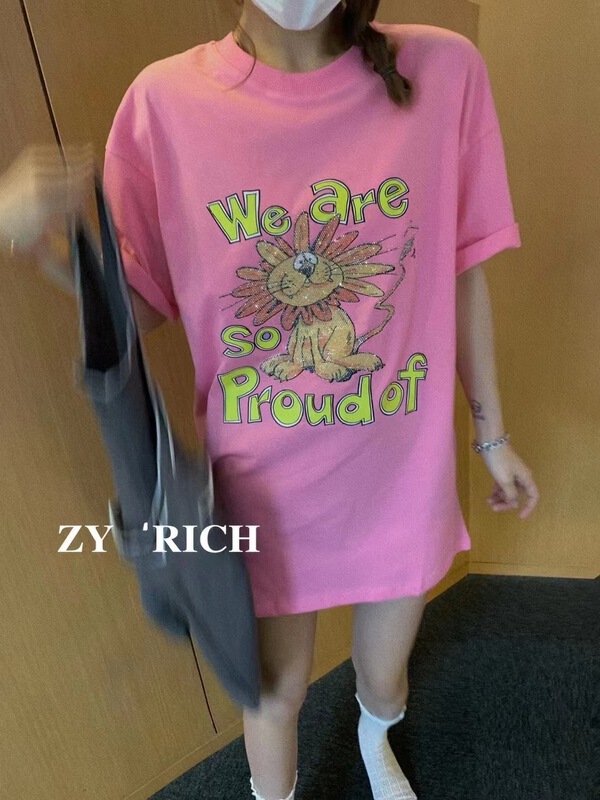 [ZY] Hot diamond lion loose letter round neck short sleeve T-shirt 2086\wtt