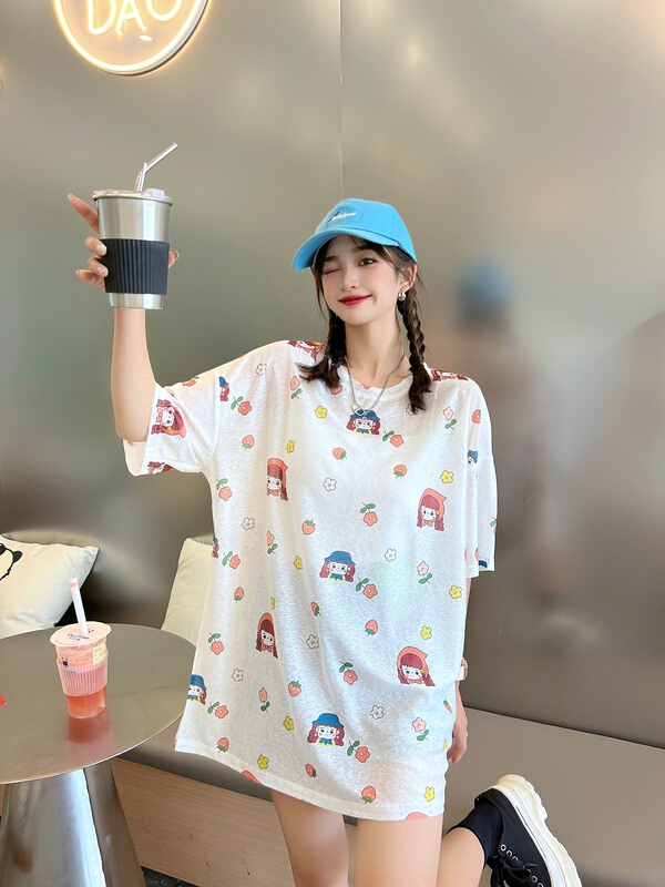 [Yilin] Korean round neck printed loose short sleeve T-shirt 2379\wtt