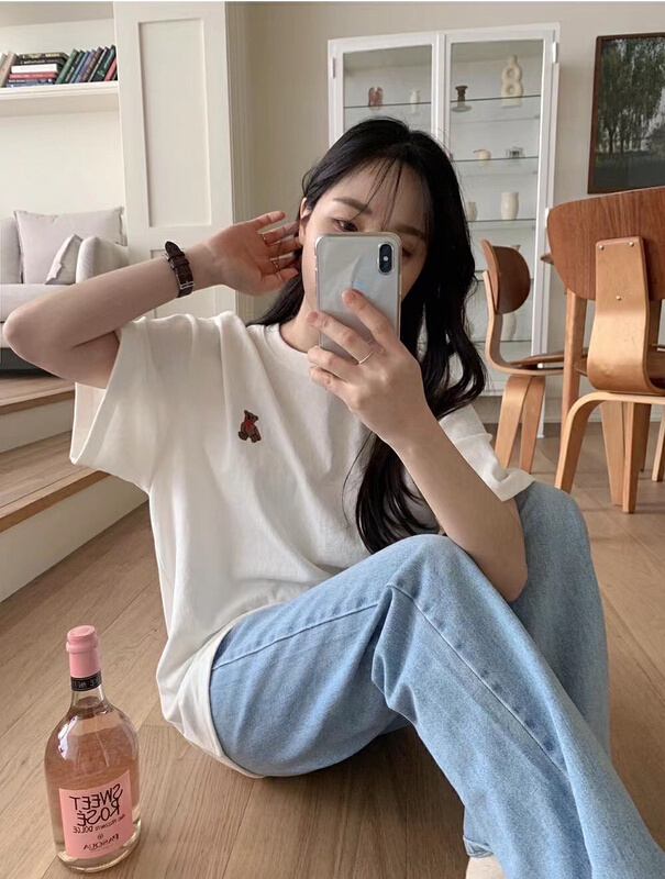 [Xiaolu family] simple bear embroidery versatile short sleeve T-shirt 80628\wtt