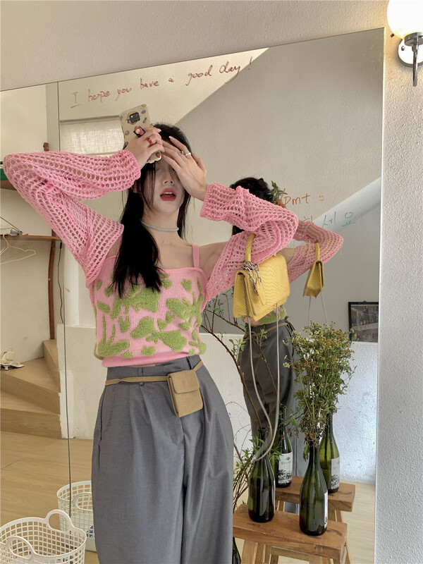[d.ffstudio] long sleeve solid color hollow out knitted cardigan 1129\wtt