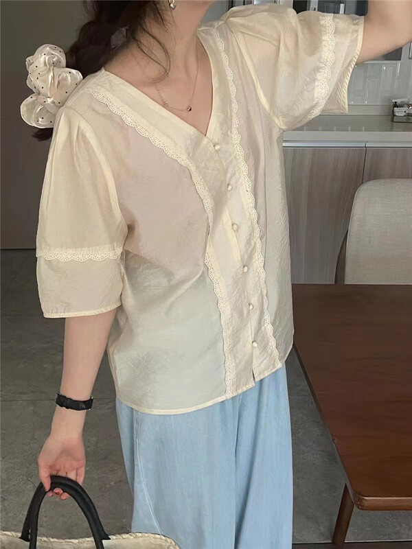 [hi] V-neck solid simple shirt 5281\hjy