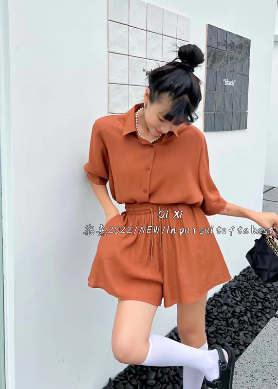 [Qixi] simple and fashionable sunscreen shirt + elastic waist loose casual pants set 6110\xyy