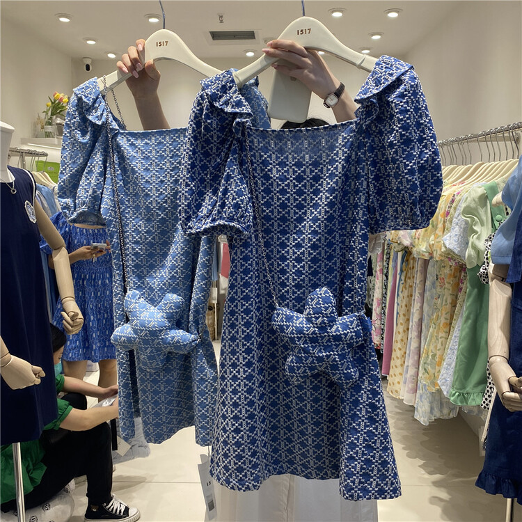 [1517] Korean embroidered Square Neck denim dress (with bag) 6253\zjy
