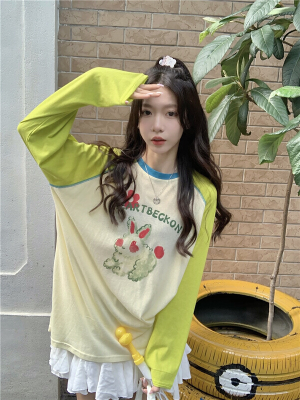 [dolly] Korean loose Bunny cartoon color blocking print thin air conditioning shirt sunscreen long sleeve T-shirt 3689\pcz