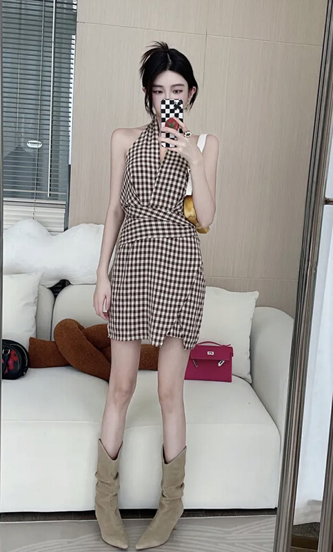 [JH] net red plaid neckline tie Spice Girl Dress 42020\pcz
