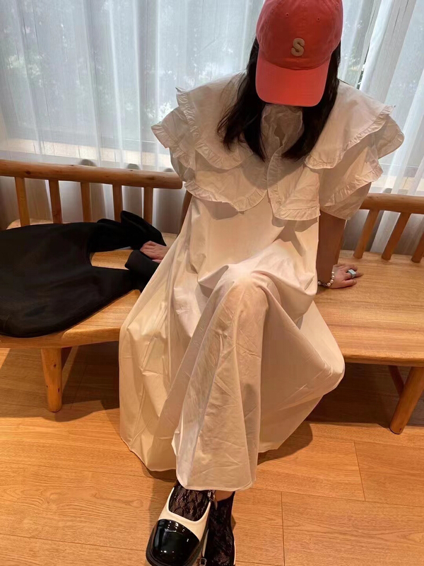 [mi ni] fresh and simple large double-layer large lapel ear edge dress 1312-1\pcz