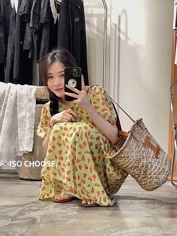[ISO Korean] style minority floral waist closing dress 66175\hjy