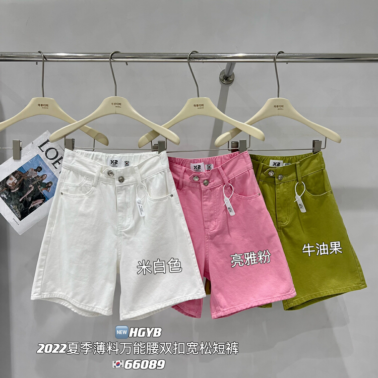 [original Korean standard x2] Korean elastic waist double button denim shorts 66089-1\wtt