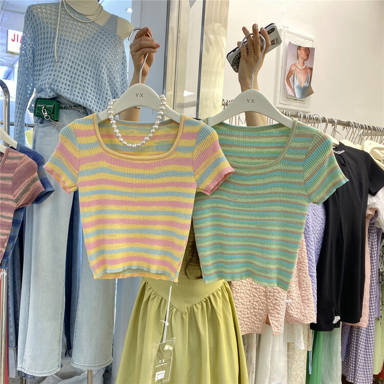In early summer! [y.x] Korean Rainbow Stripe short knitted short sleeve T-shirt 38253\hjy