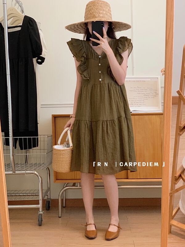 [RN] French sweet temperament V-neck fly sleeve dress 81201\ll