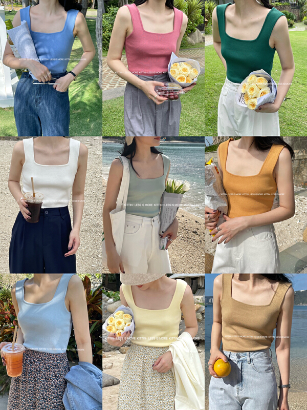 New year in early spring! [Kittin] simple solid color versatile knitted square neck vest / sling (only selling vest) 106\xyy