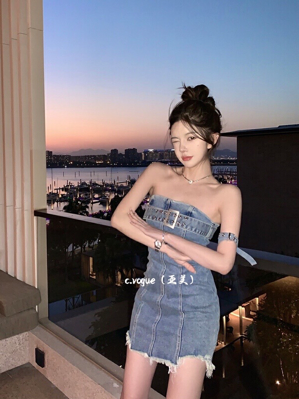 [c.vogue] Korean sweet and spicy minority denim strapless dress (with belt and collar) 3906\pcz