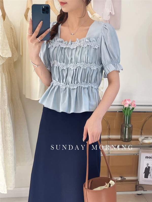 [Sunday morning] Korean style square collar short shirt with ears 9166\zjy