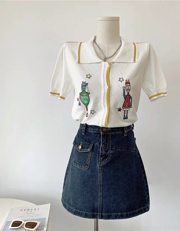 [blue show] Korean funny embroidered short sleeve knitted cardigan (only for cardigan) 6183\lsw