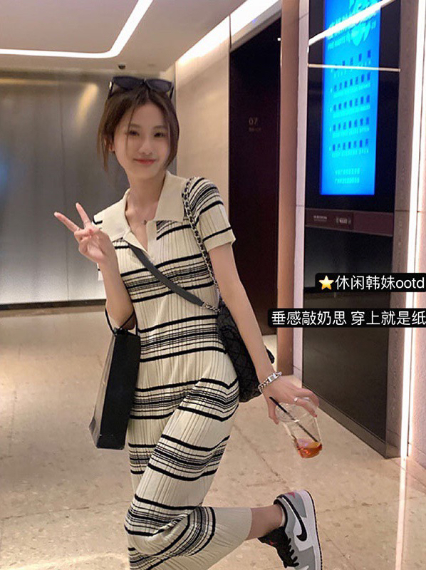 [wgwe] Striped Polo neck French tea break knitted dress 1913\pcz
