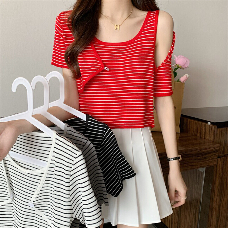 [f · P] design sense round neck stripe fake two-piece sweater 85096\hbx