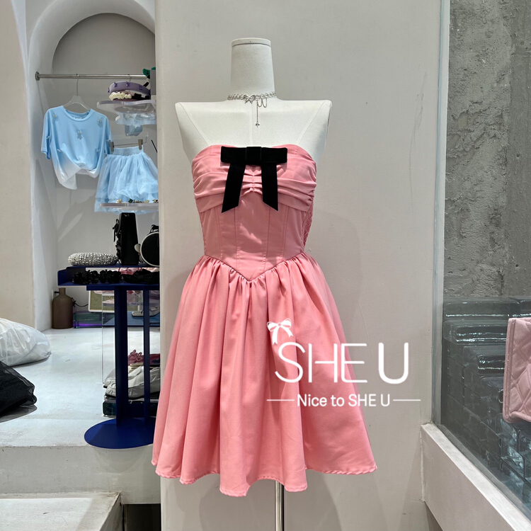 [she u] French romantic bow tie strapless dress c70004