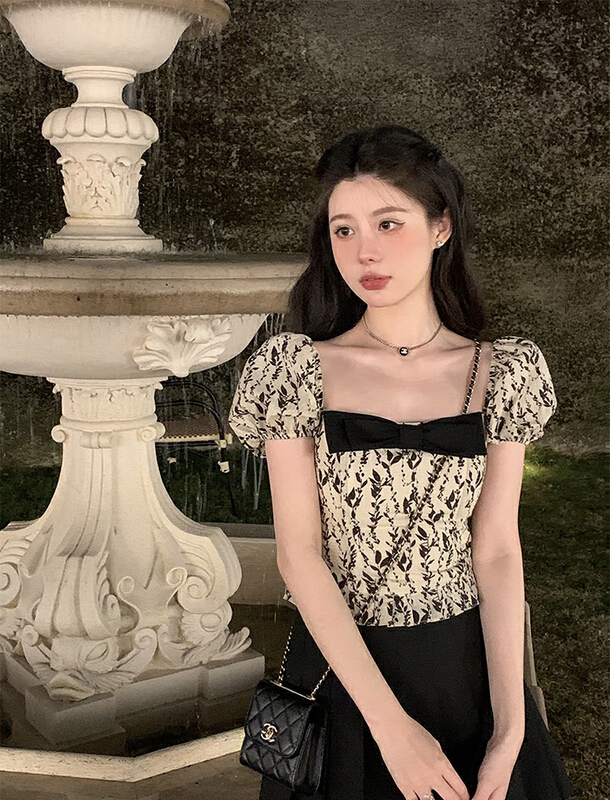[Amanda] French bow square neck bubble sleeve versatile shirt 9627\pcz