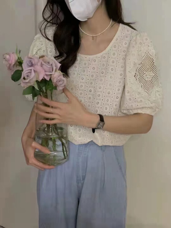 [ya.mei] round neck Lantern Sleeve hollowed out flower shirt 3103 \ll