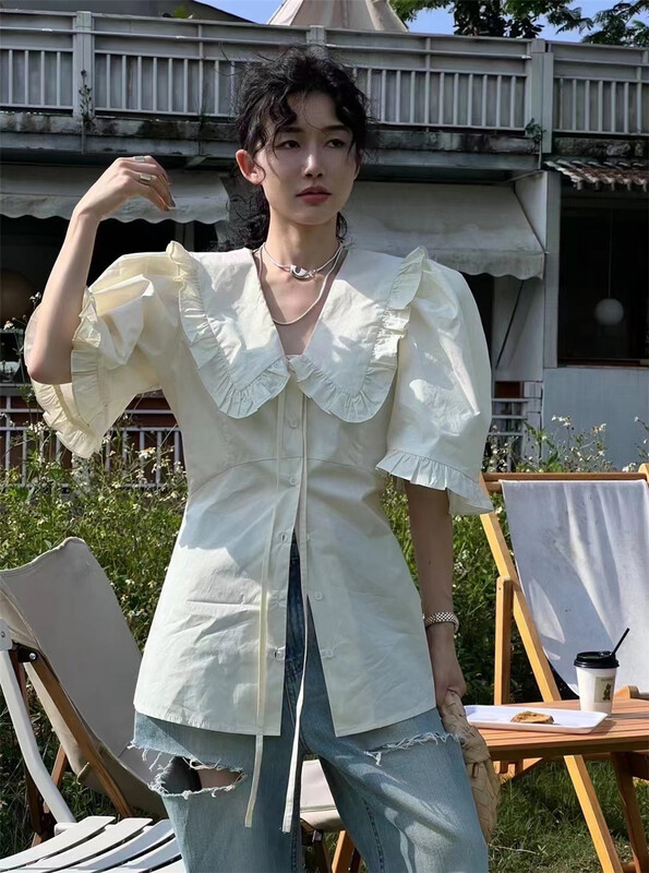 [Yan Zhen] casual simple button up baby collar shirt 45512\pcz