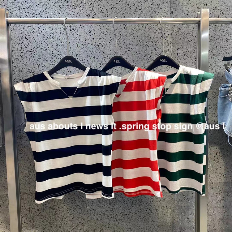 [aus] simple striped loose V-neck vest / sling w051\lsw