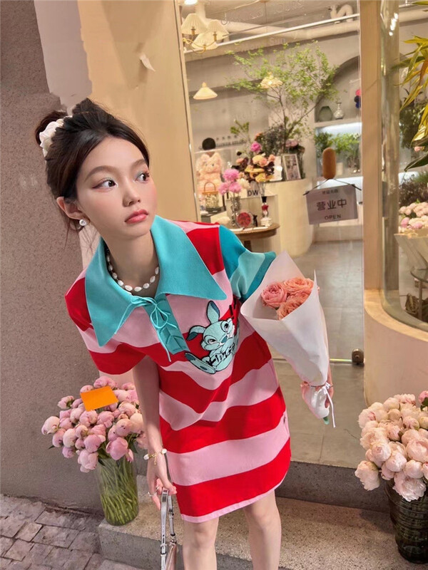 [big C studio] striped rabbit embroidery dress 5175\pcz