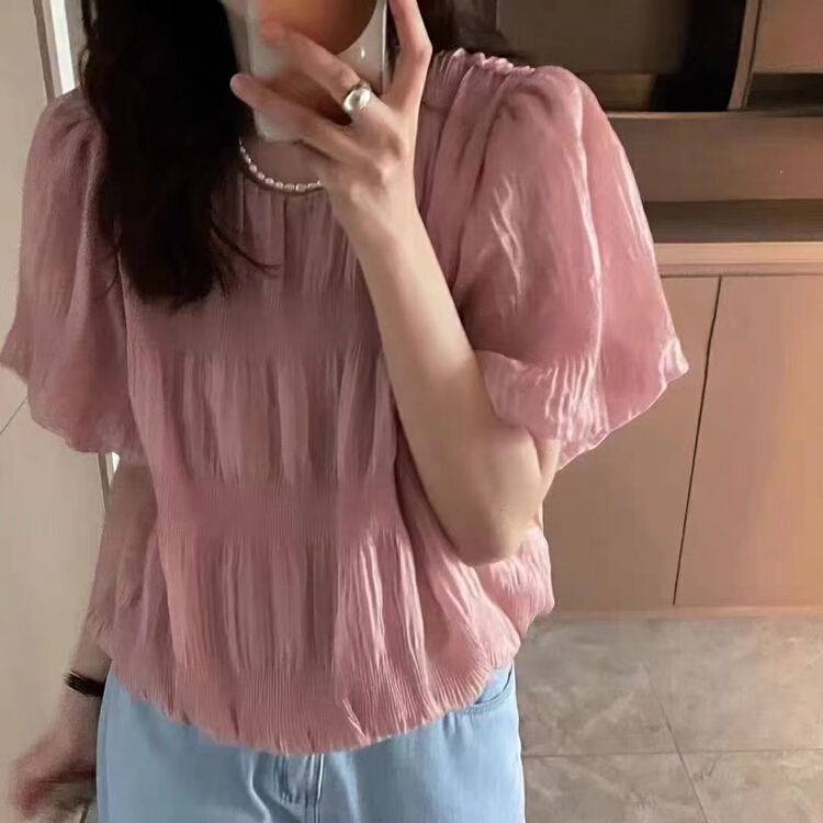 [Moco Moco - small a family] bubble sleeve pleated versatile loose shirt 856\pcz