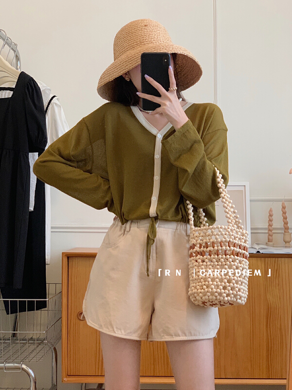[RN] Korean simple color contrast single breasted knitted cardigan 81192\ll