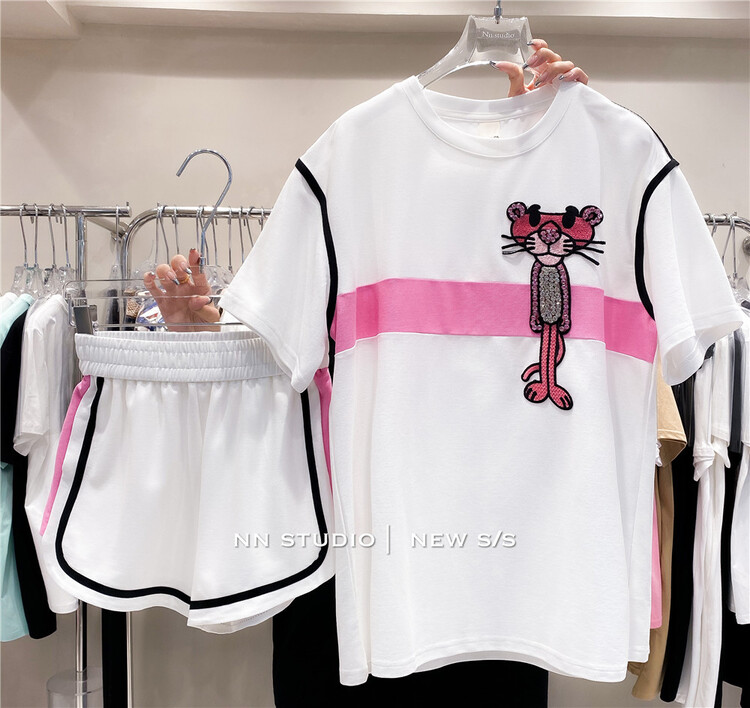[NN] casual loose Pink Leopard short sleeve + versatile basic comfortable casual Shorts Set 9715\xyy