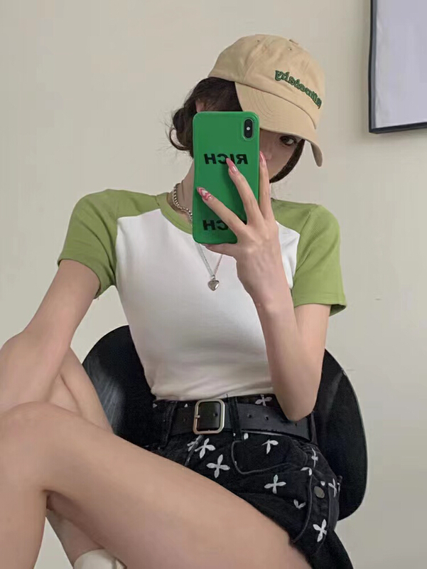 [Mido] simple color blocking Casual Short Sleeve T-shirt 6092\lsl