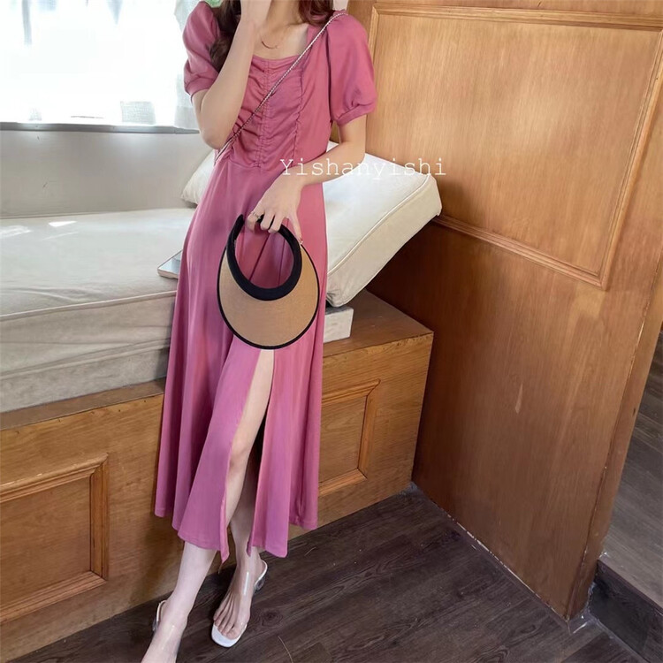 [clothing world] square neck temperament little woman split dress 398\hjy