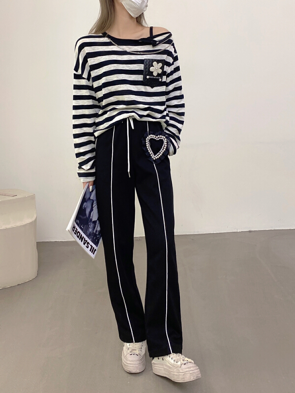 New year in early spring! [rich people] contrast color elastic waist jacquard love casual pants 0928\pcz
