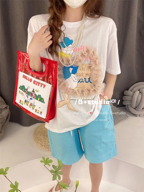 [g+] sweet mesh mosaic cartoon printed loose short sleeve T-shirt 8588\wtt