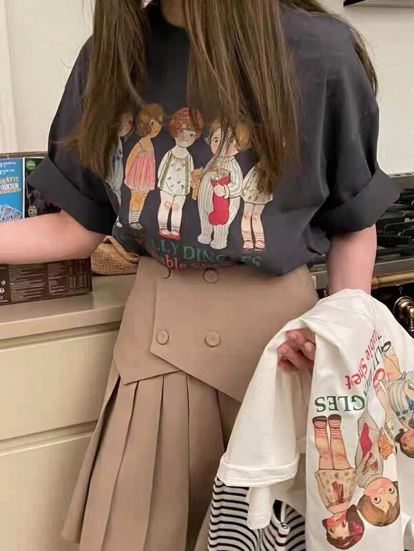 [orange] Korean casual cartoon printed short sleeve T-shirt 8886-1\hbx