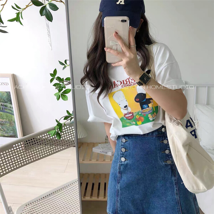 【E】 Casual simple loose print short sleeve T-shirt j040\xyy