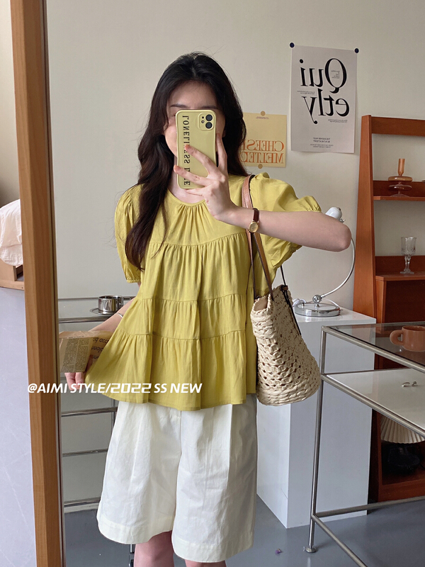 [aimistyle] fresh and simple minority design bubble sleeve pleated short sleeve T-shirt 11037\hbx