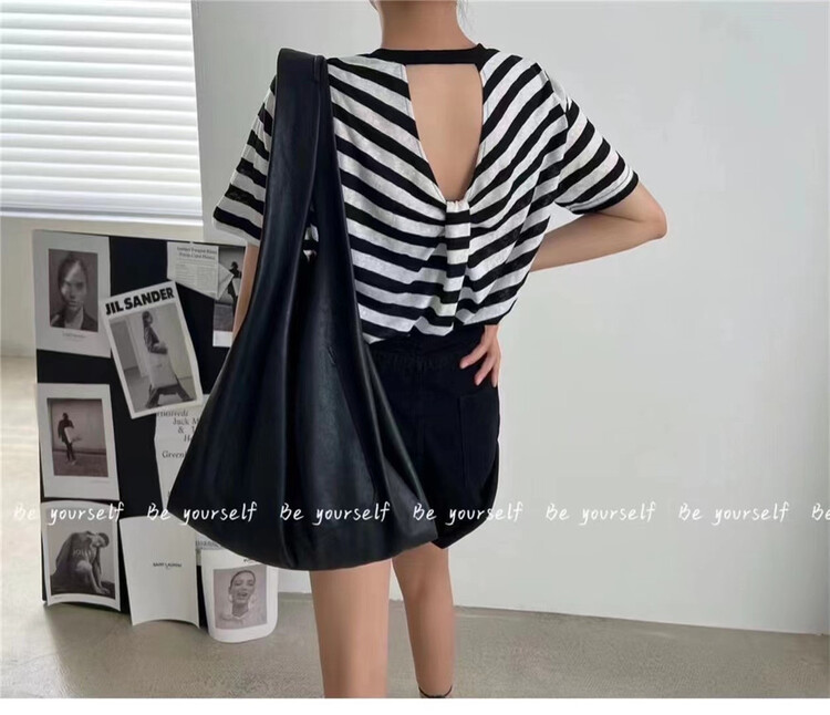 [Hello] Korean round neck versatile wide truffle back short sleeve T-shirt 9812\wtt